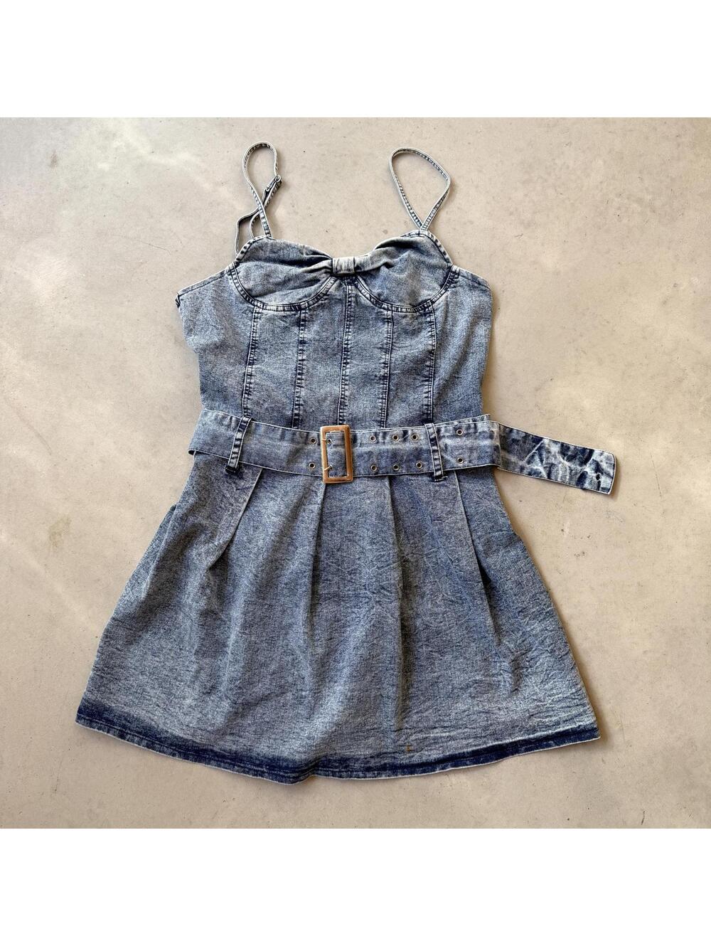 Y2K Acid Wash Denim Mini Dress with  Belt and Spaghetti Straps Size 1X